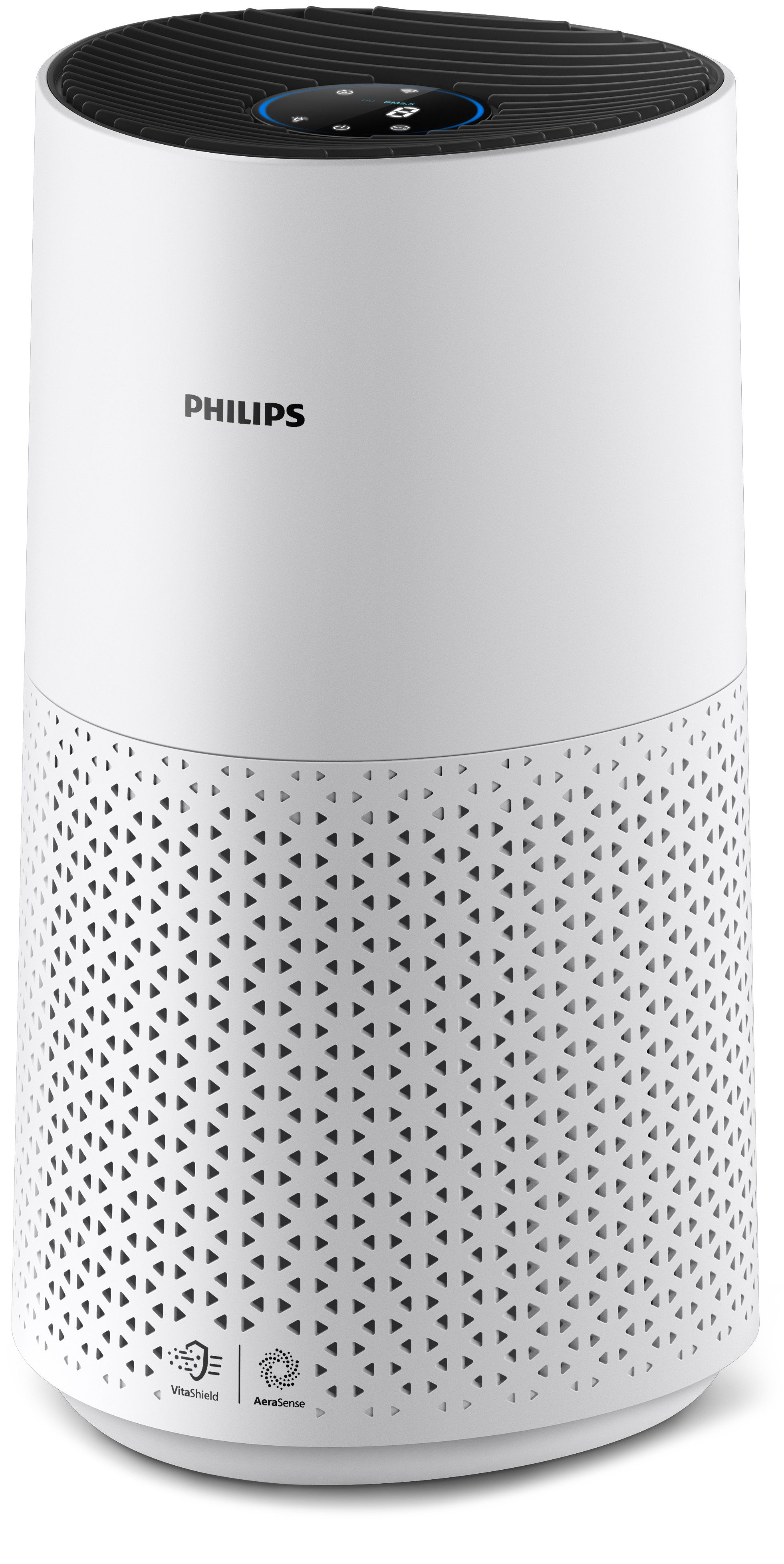 Witte Philips luchtreiniger. Zwarte bovenkant met display. Witte achtergrond.