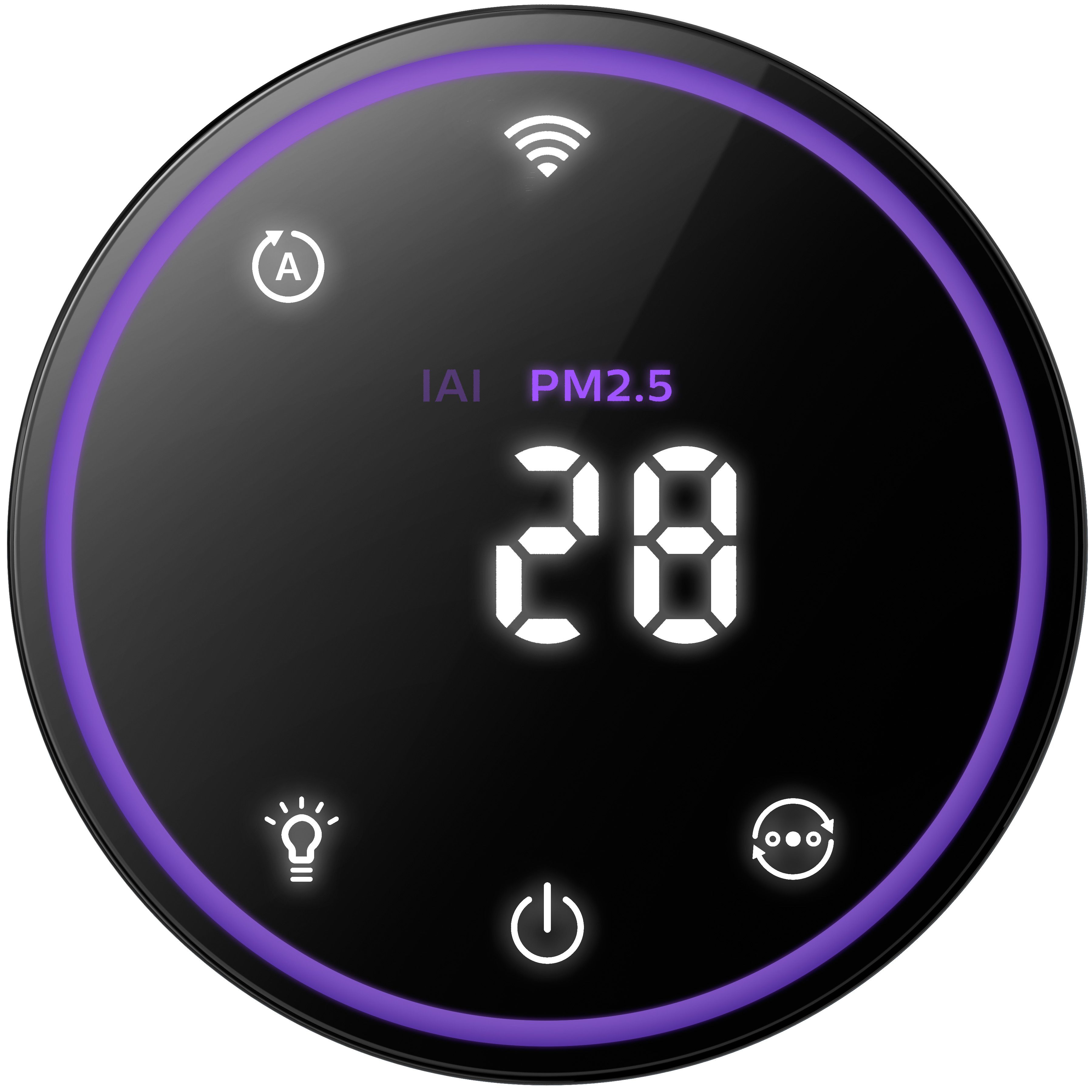 Zwart slimme huis bedieningspaneel met een paarse lichtring die PM2.5 en pictogrammen weergeeft.