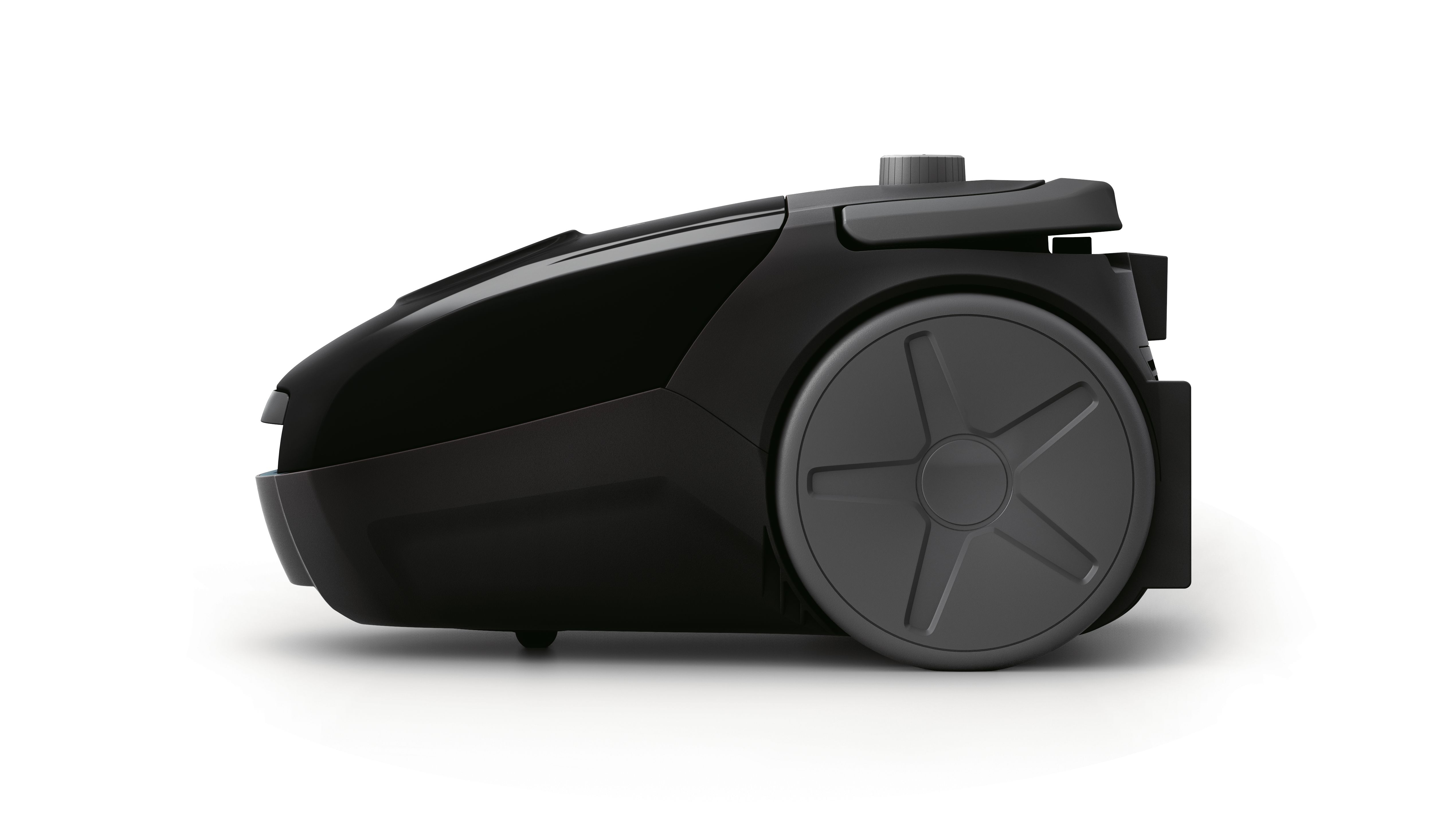 Black vacuum cleaner with a large wheel, side view, on white background.