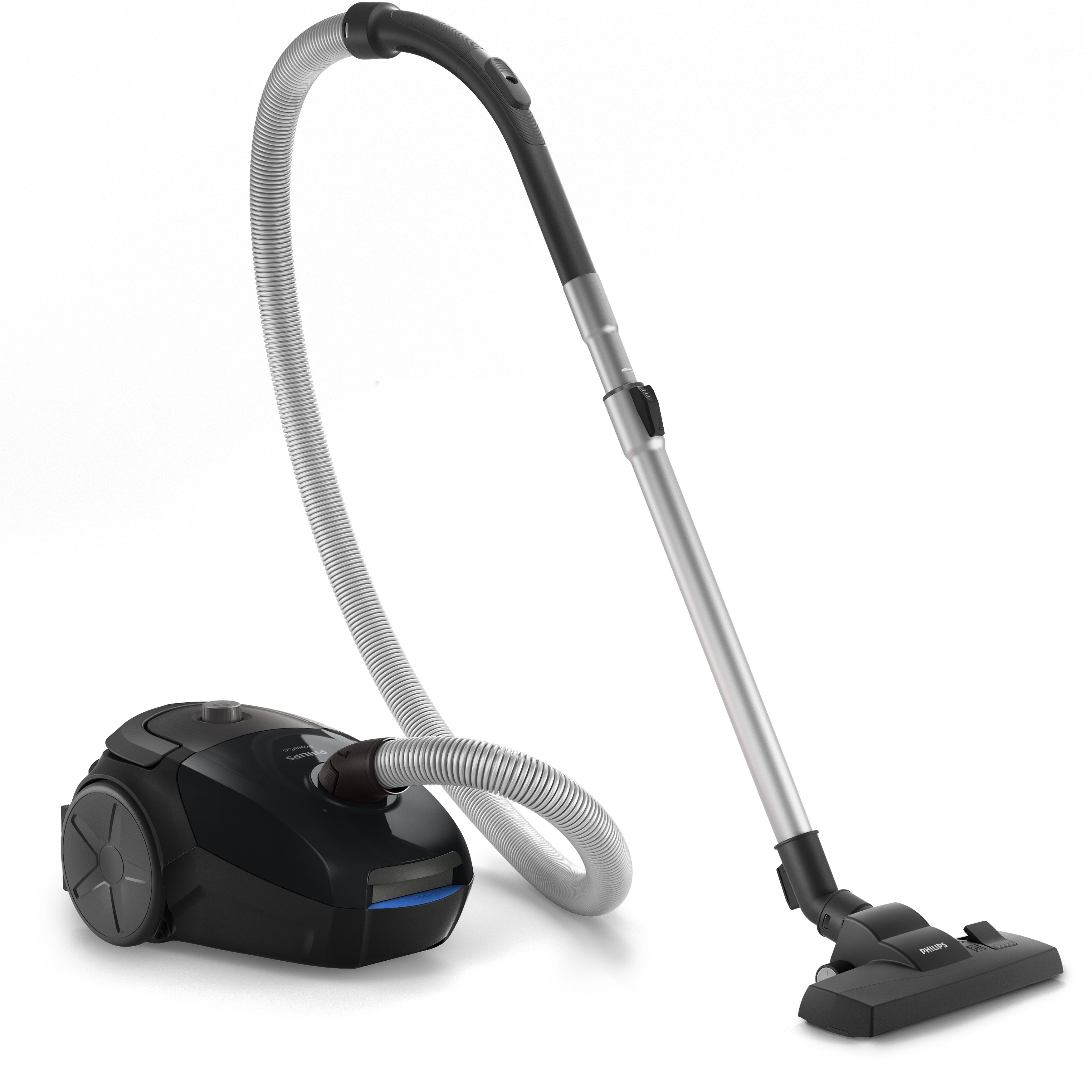A black vacuum cleaner on a white background, with a hose and a cleaning head.