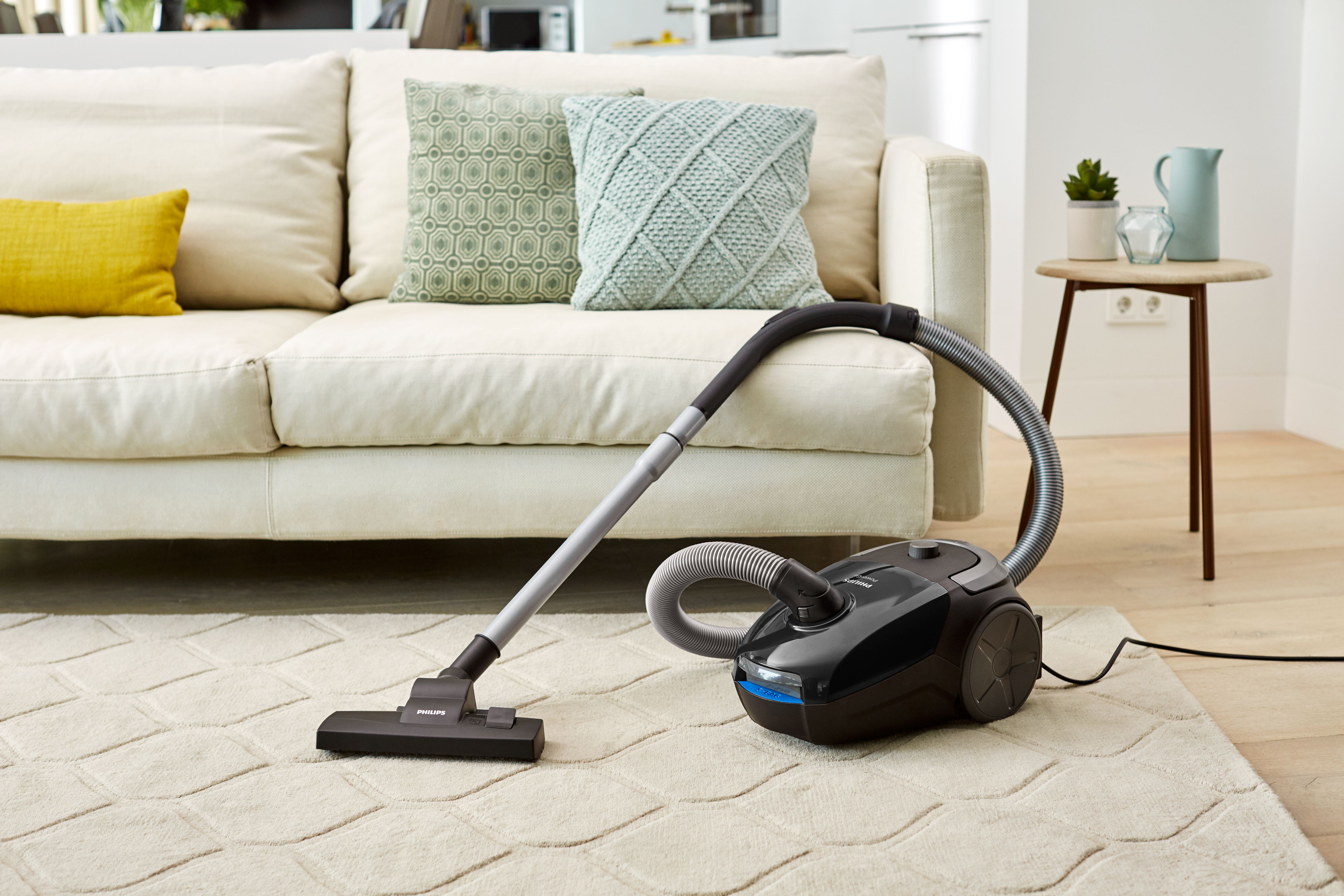 A vacuum cleaner on a rug with a sofa, pillows, and plants in the background. Bright room.