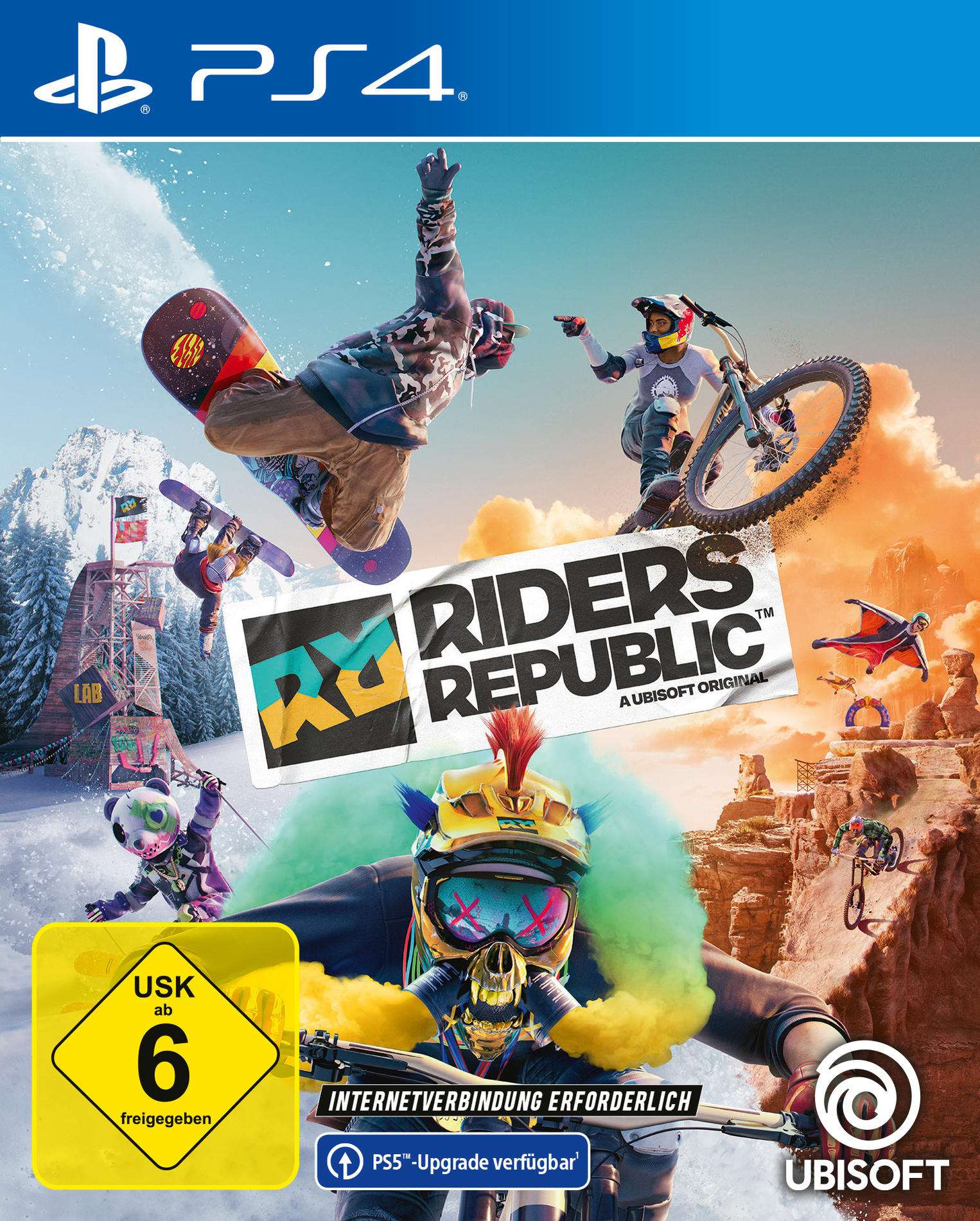 PS4-Spielcover: Schneebild mit Skifahrern, Snowboardern und Bikern. Riders Republic Titel.