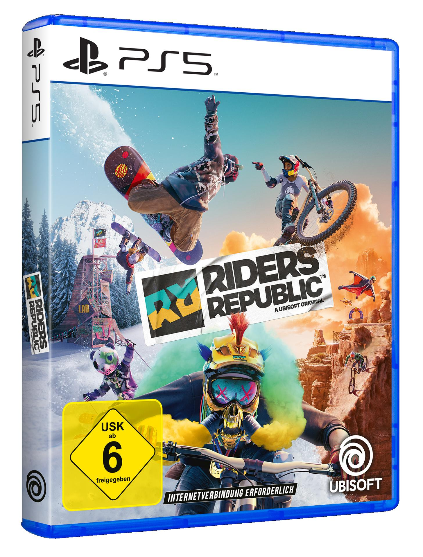 Eine PS5-Spielbox für Riders Republic. Das Cover zeigt einen Snowboarder, einen Biker und andere Actionfiguren.