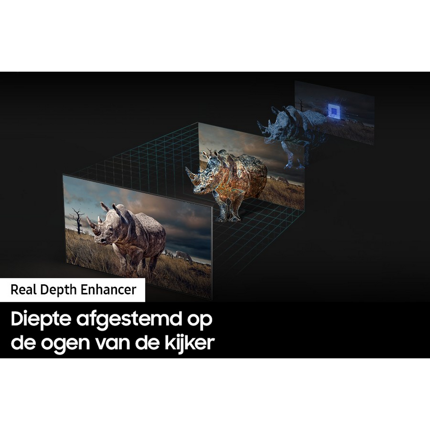 Afbeelding met een neushoorn in een virtuele omgeving, met focus op diepte.
