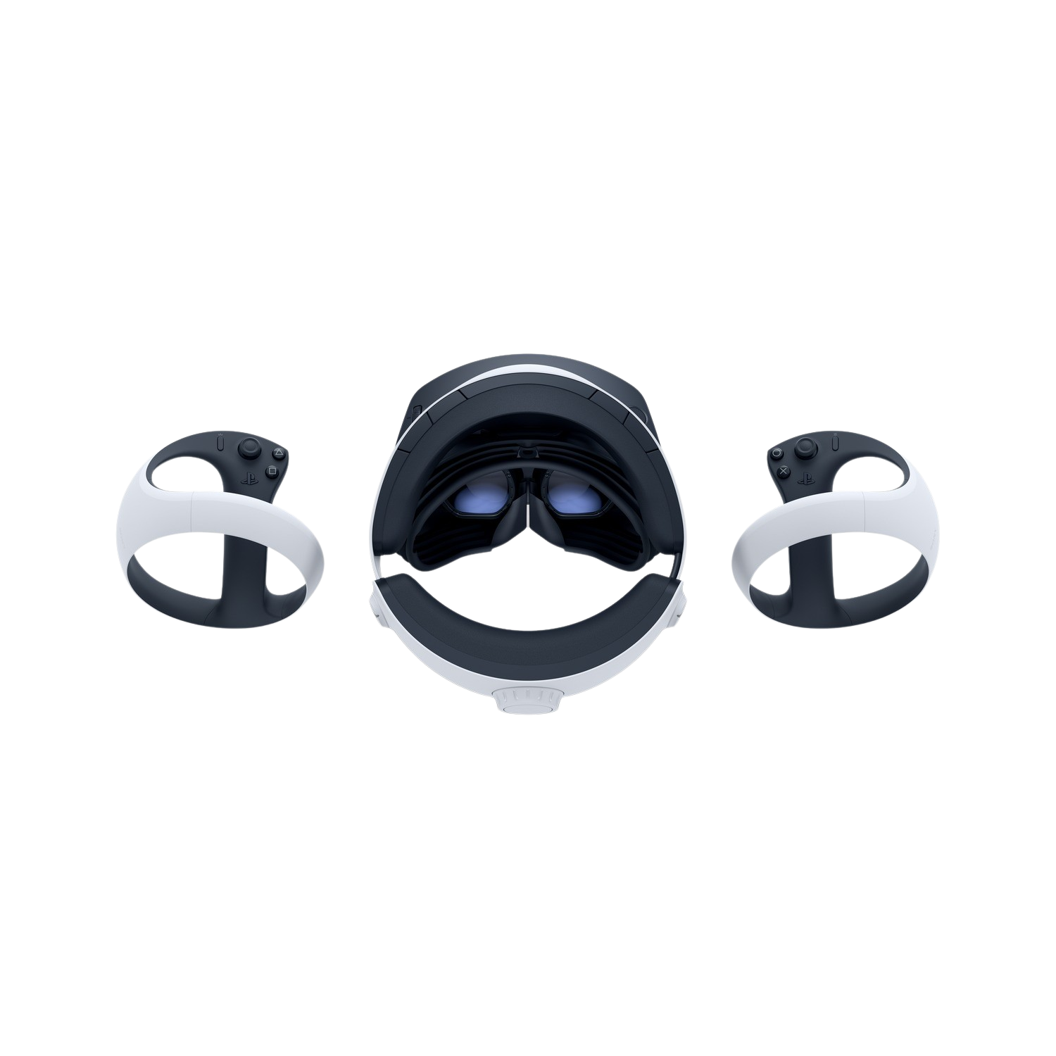 VR-headset en controllers op zwarte achtergrond, bovenaanzicht.