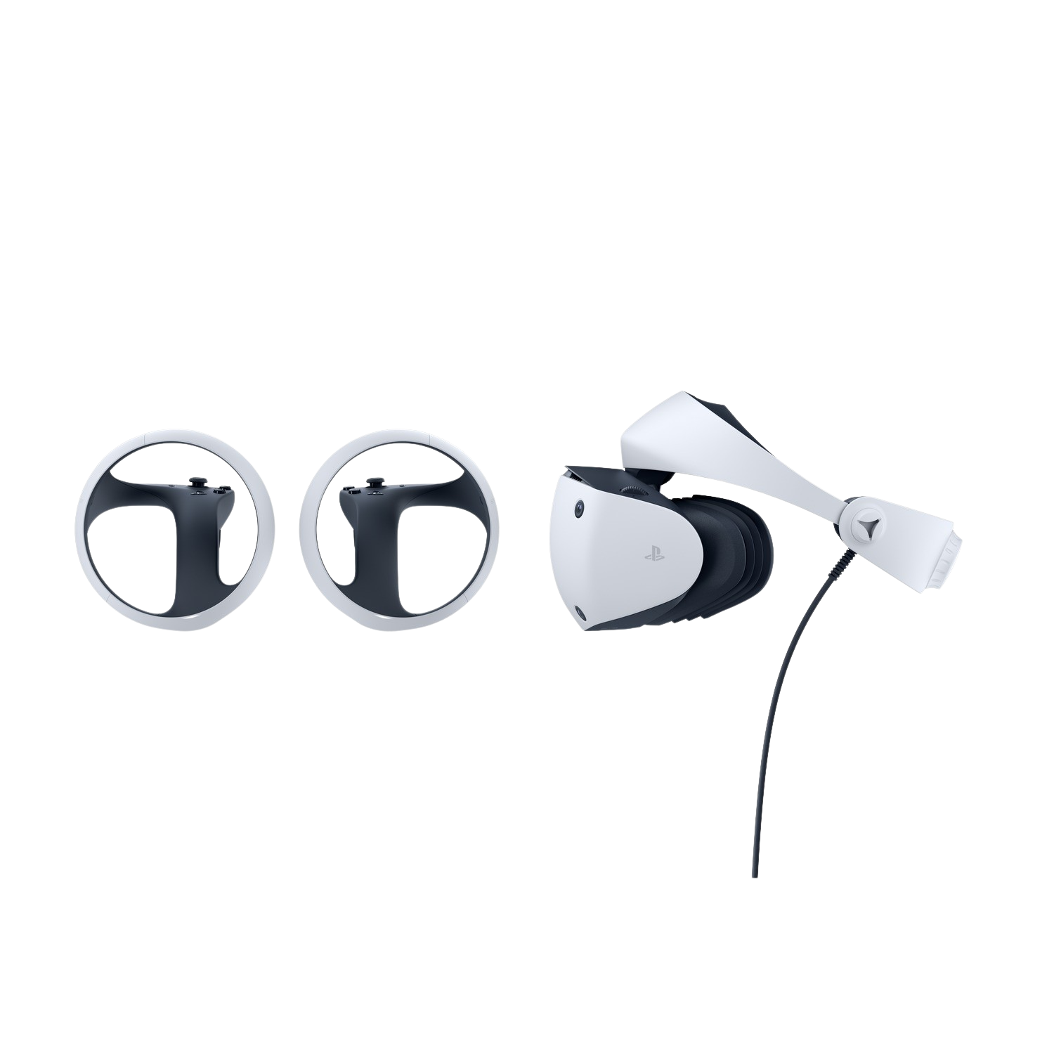 VR-headset en controllers, zwarte achtergrond.