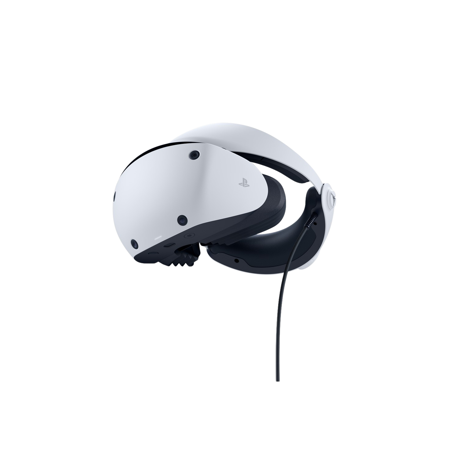 Een witte en zwarte virtual reality-headset met een zwarte kabel, geïsoleerd op zwart.
