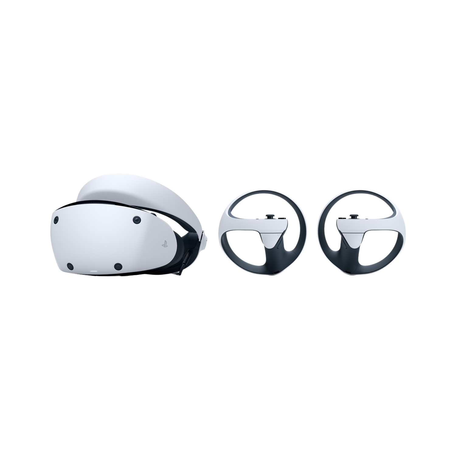 Witte VR-headset en twee zwart-witte controllers op zwarte achtergrond.