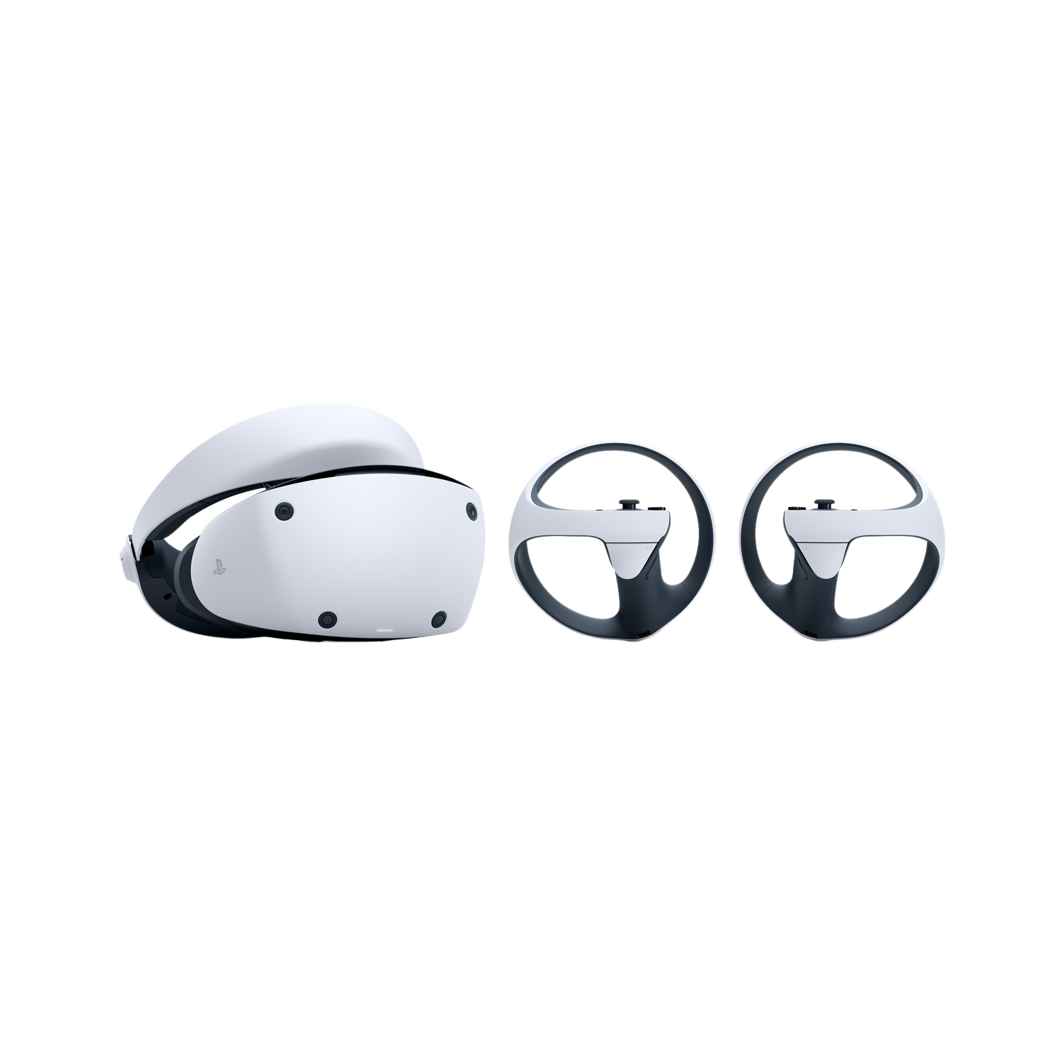 Witte VR-headset en twee zwarte controllers. Zwarte achtergrond.