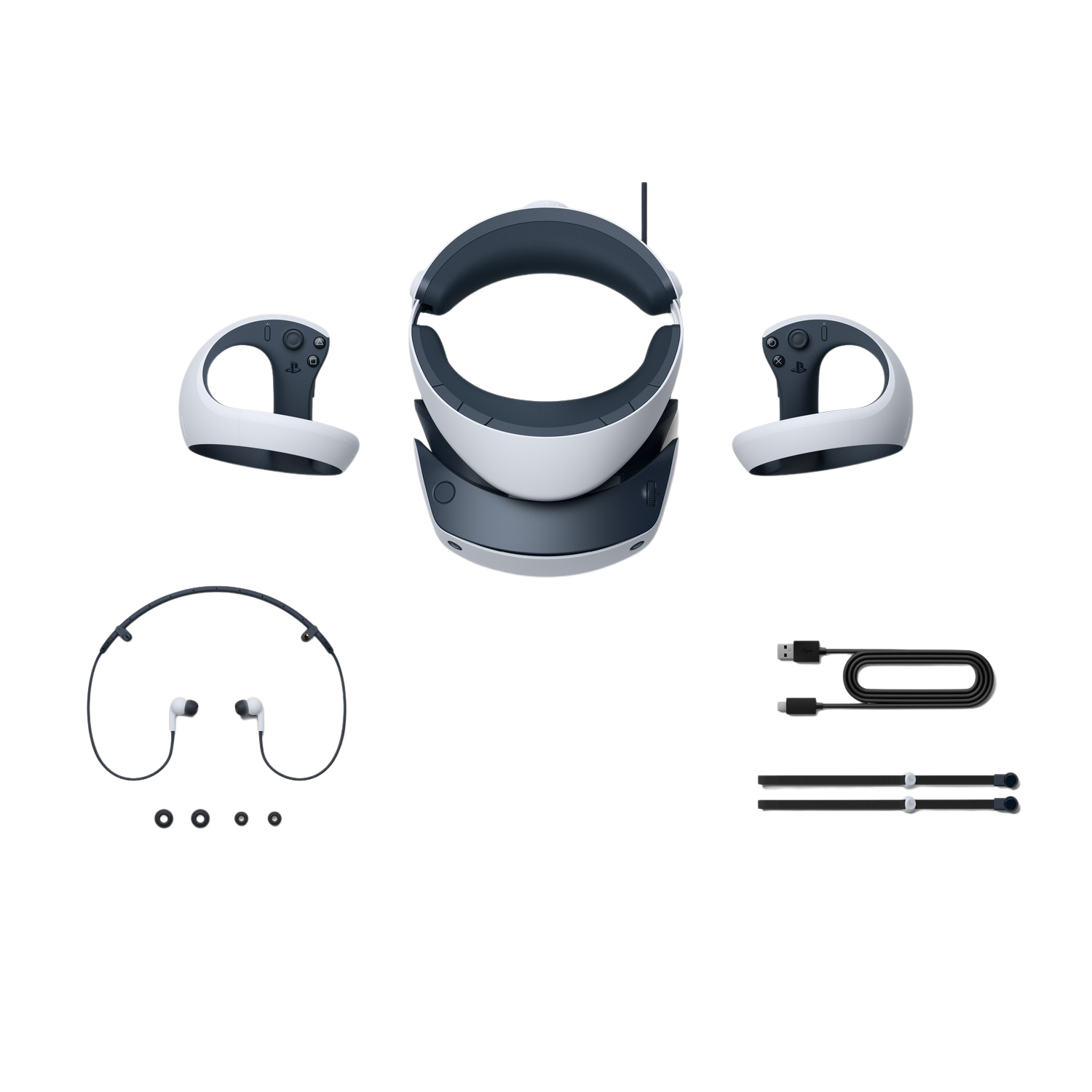 VR-headset en controllers op een zwarte achtergrond. Inclusief kabels en oordopjes. Wit en grijs ontwerp.
