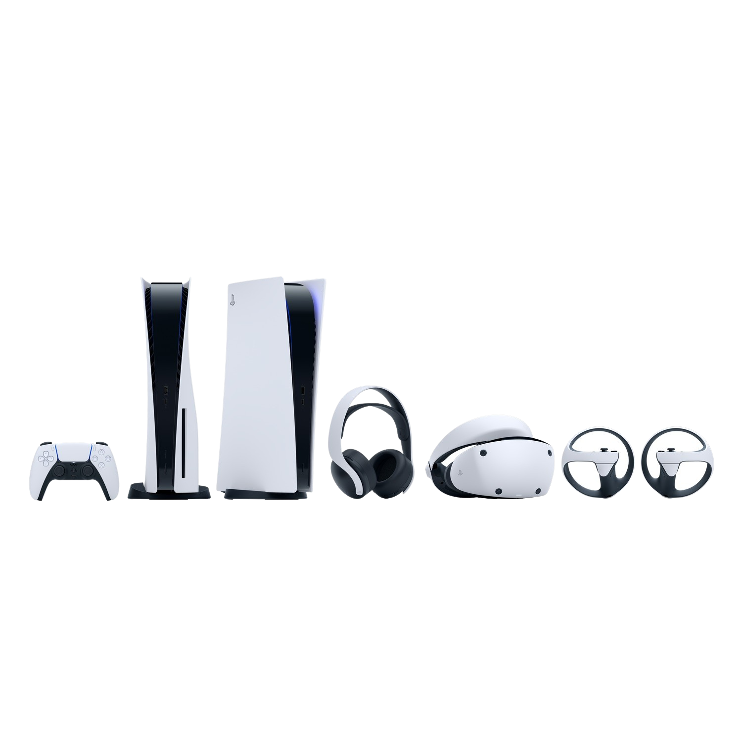 Een set PlayStation 5-game-apparatuur: console, controller, headset, VR-headset en stuurwielen.