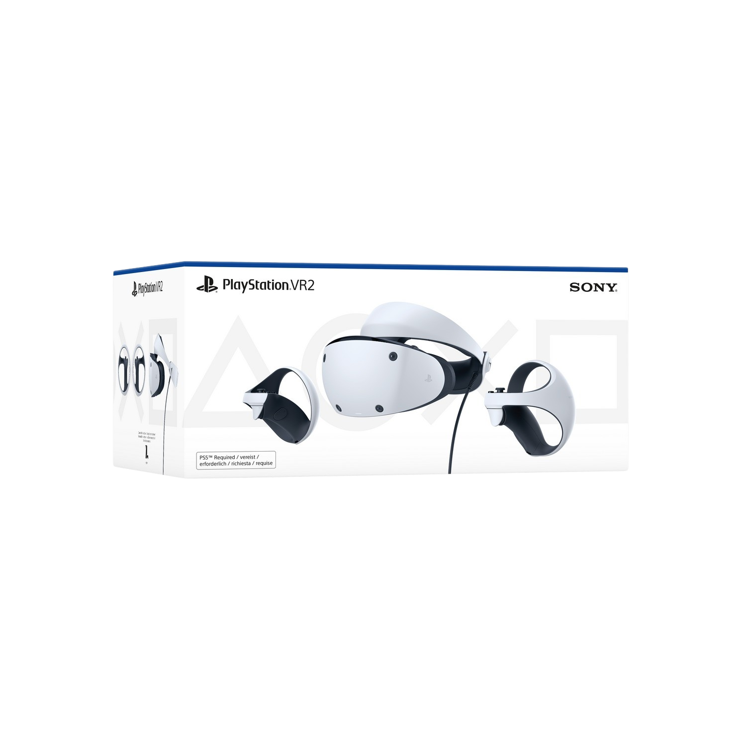 PlayStation VR2-doos met headset en controllers, wit en zwart.