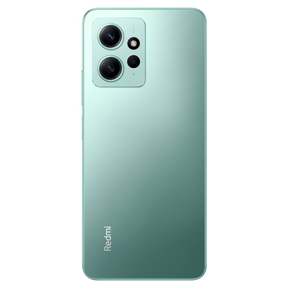 Yeşil bir Redmi telefonun arka görünümü, sol üst köşede üç kamerası var.