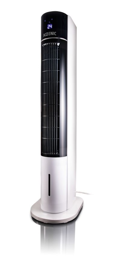 Magas, fehér és fekete toronyventilátor digitális kijelzővel. Fényes fekete felületen van.