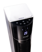 Egy fekete-ezüst torony ventilátor, digitális kijelzővel, amely a '23'-at mutatja.