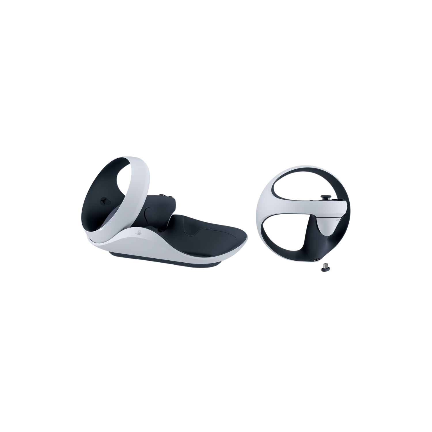 VR headset and a steering wheel, both white and black, isolated on a black background.