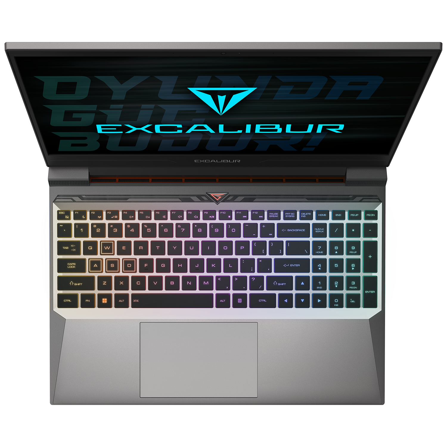 Renkli ışıklı dizüstü bilgisayar klavyesi. Ekranında metin olan açık bir dizüstü bilgisayar. Siyah arka plan.