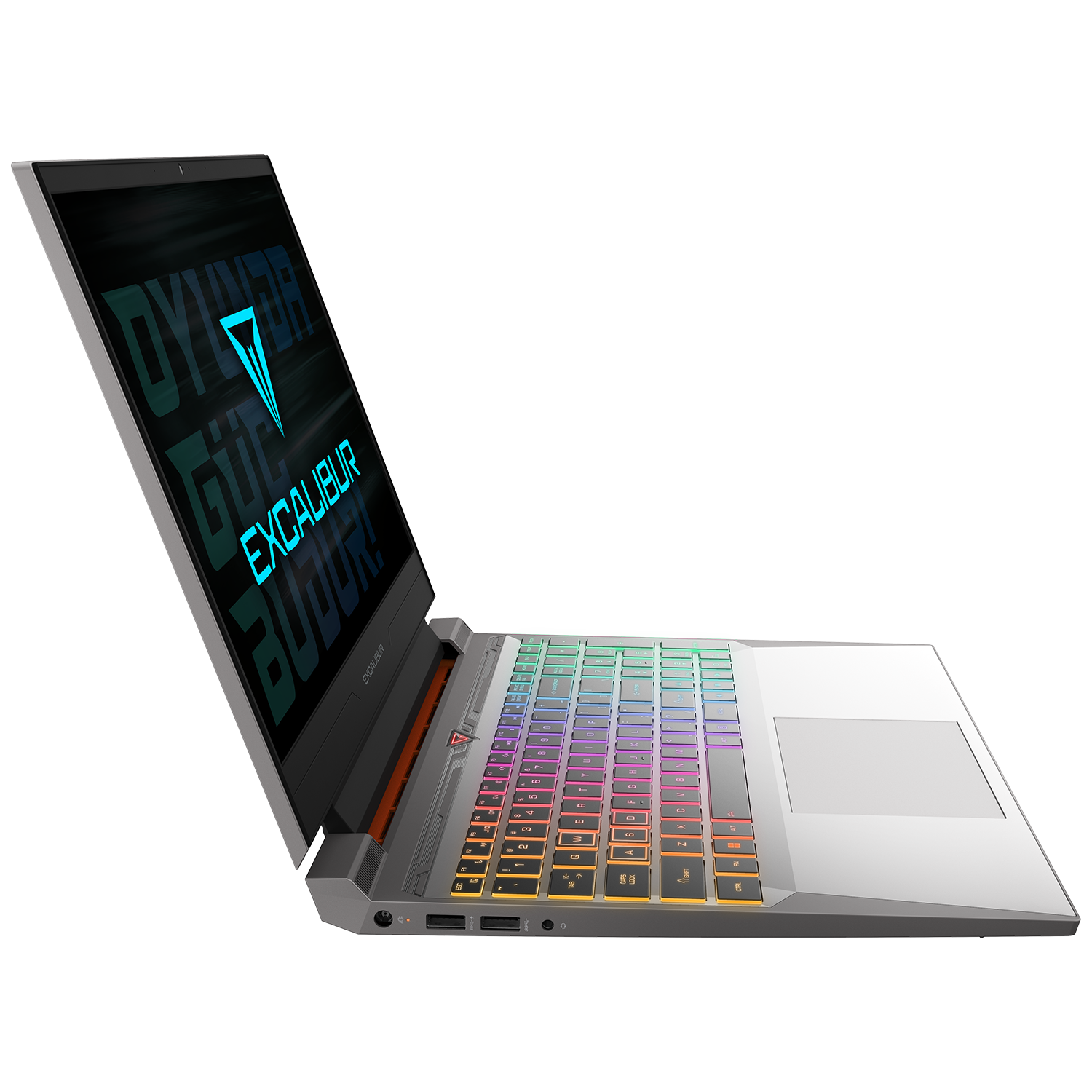 Açık, açılı bir oyun dizüstü bilgisayarı. Klavye çoklu renklerle aydınlatılıyor, siyah arka plan.