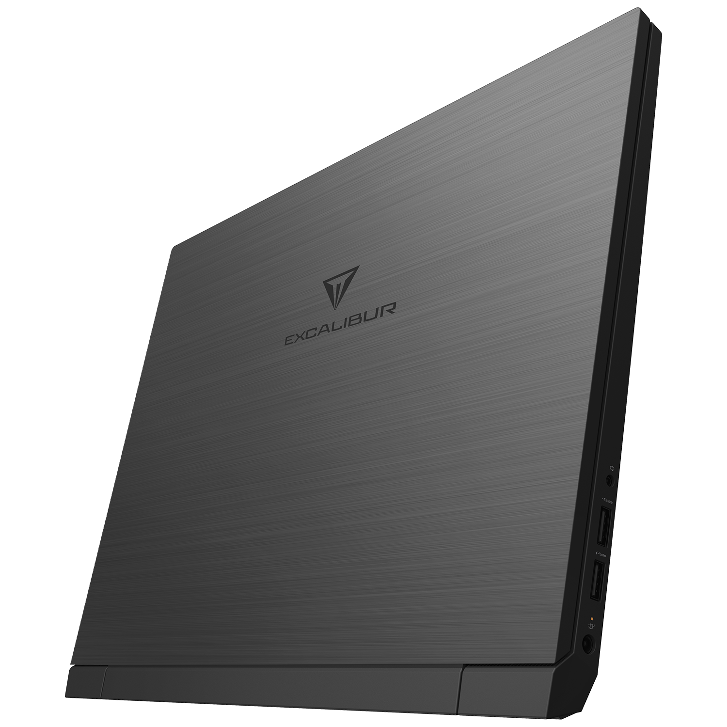 'EXCALIBUR' yazısı ve logosu olan, koyu gri dizüstü bilgisayar, siyah zemin.