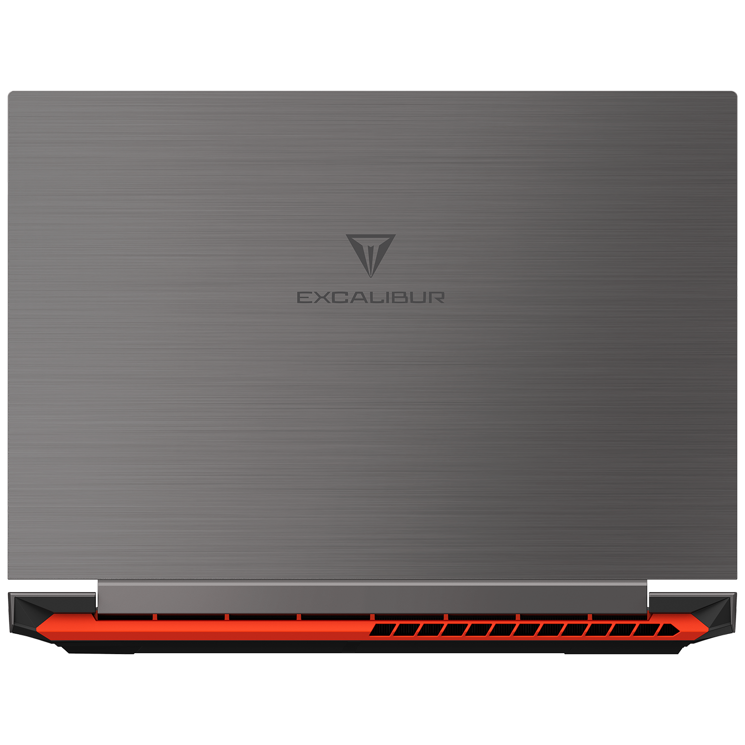 Üzerinde EXCALIBUR yazan gri bir dizüstü bilgisayar. Alt kısımda kırmızı ve siyah bir tasarım var.