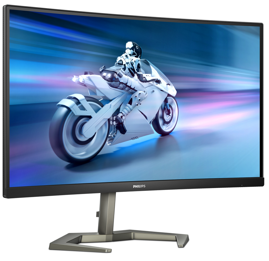 Gaming-Monitor mit futuristischer Motorradrennenszene auf einem schwarzen Ständer.