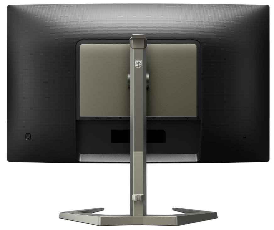 Die Rückseite eines schwarzen Computermonitors mit einem silbernen Ständer.
