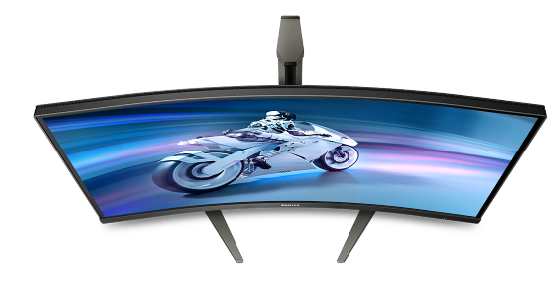 Gebogener Computermonitor mit einer futuristischen Motorradszene auf dem Bildschirm.