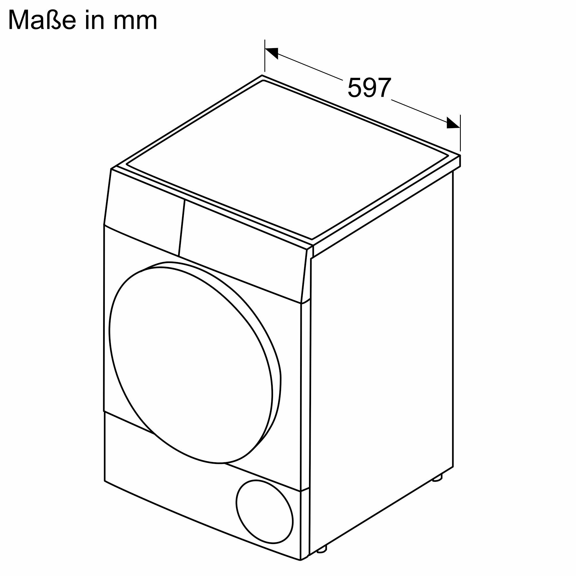 Ein weißes Gerät mit schwarzer Oberseite mit der Abmessung 597 mm wird gezeigt.