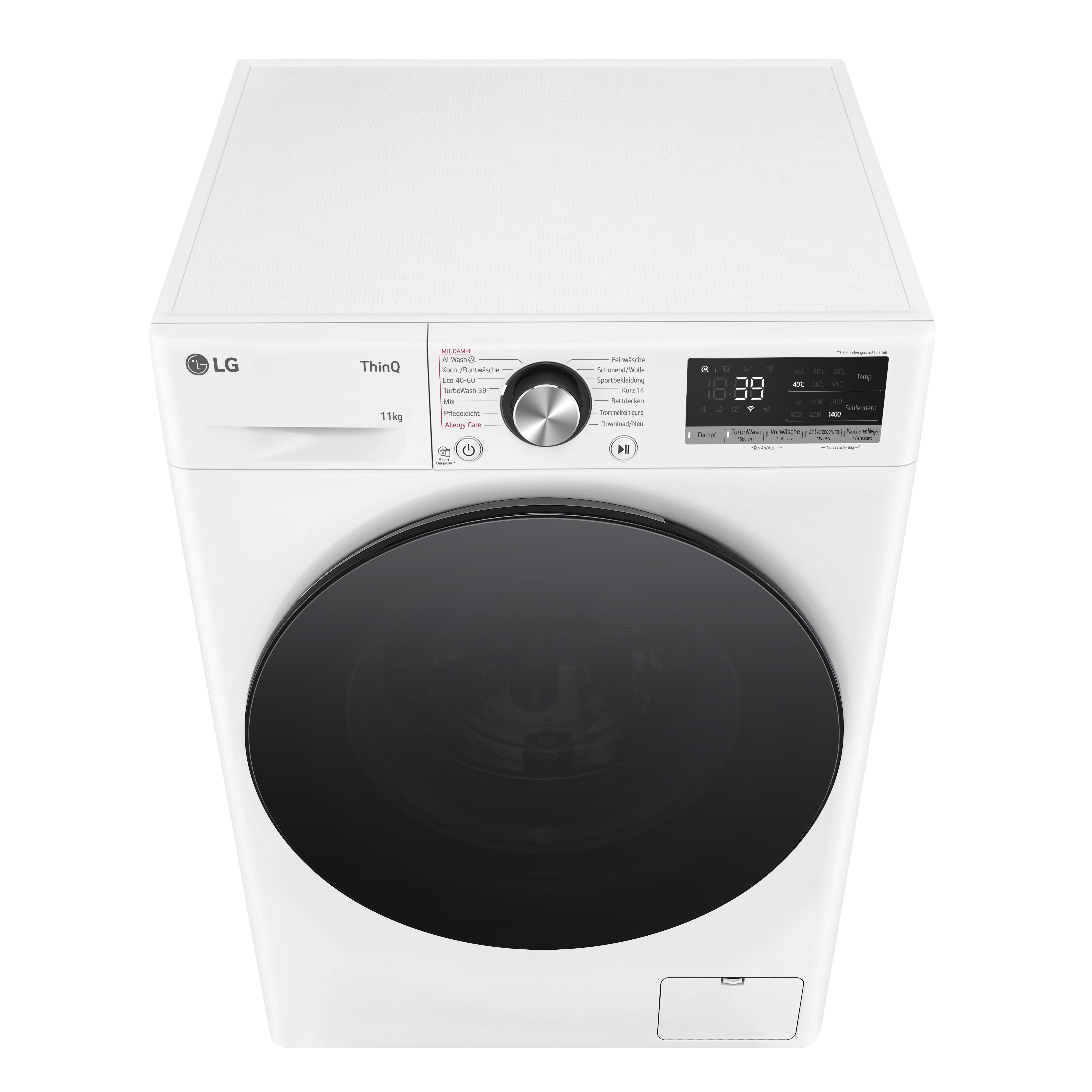 Weiße Waschmaschine mit schwarzer Tür, Draufsicht.
