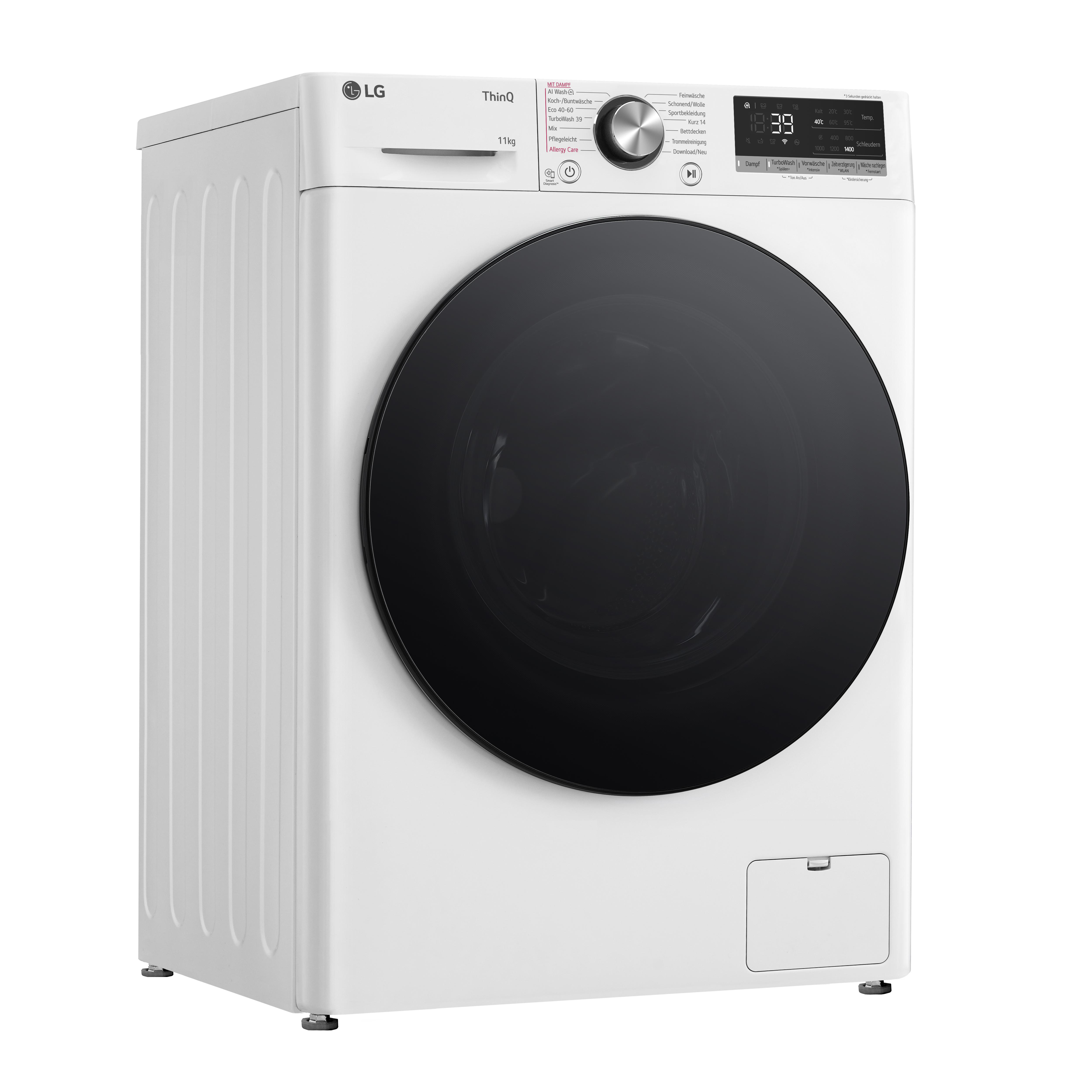 Weiße LG Waschmaschine, schwarze Tür, Digitalanzeige, Bedienfeld.