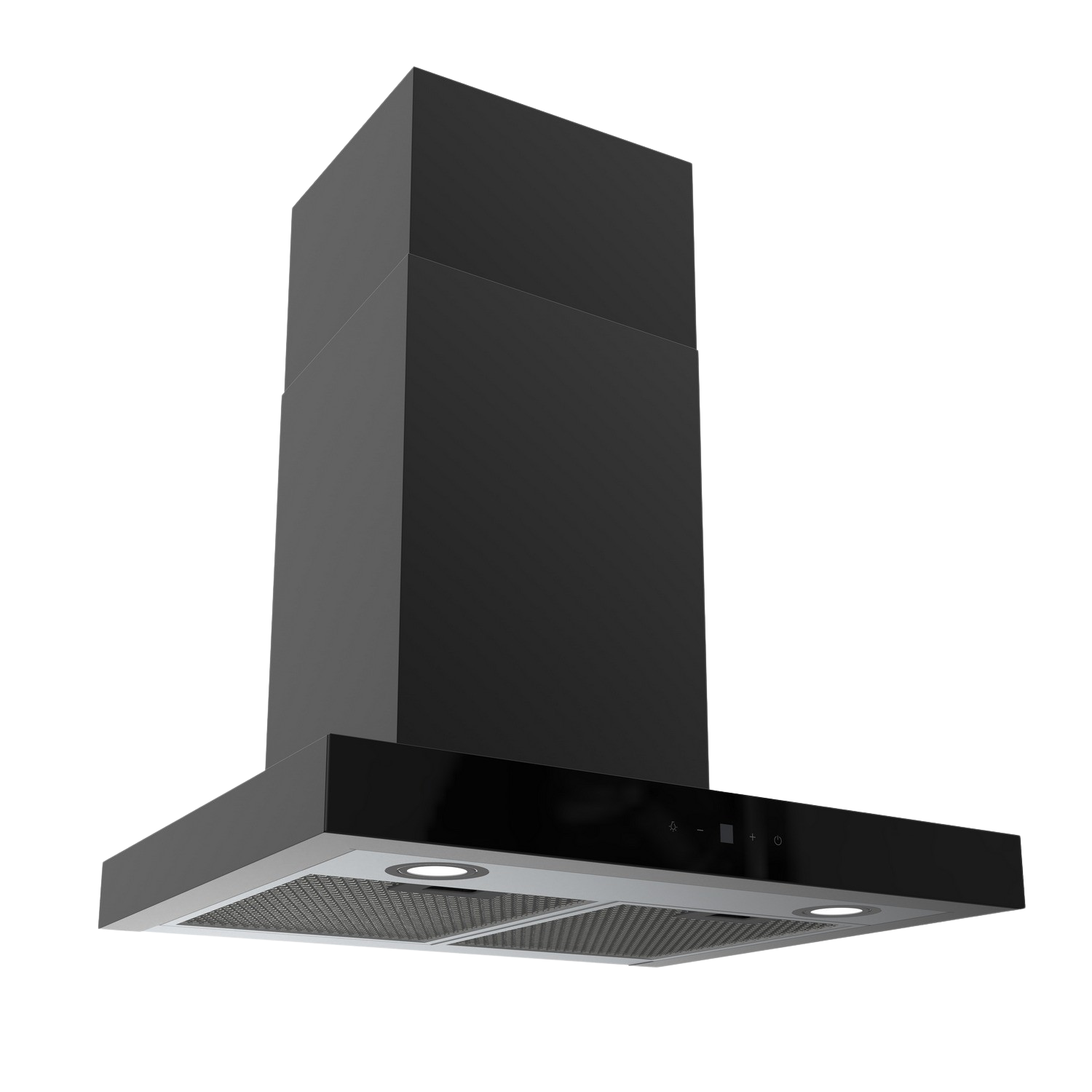 A black kitchen hood with lights, against a dark background. It has a sleek, modern design.