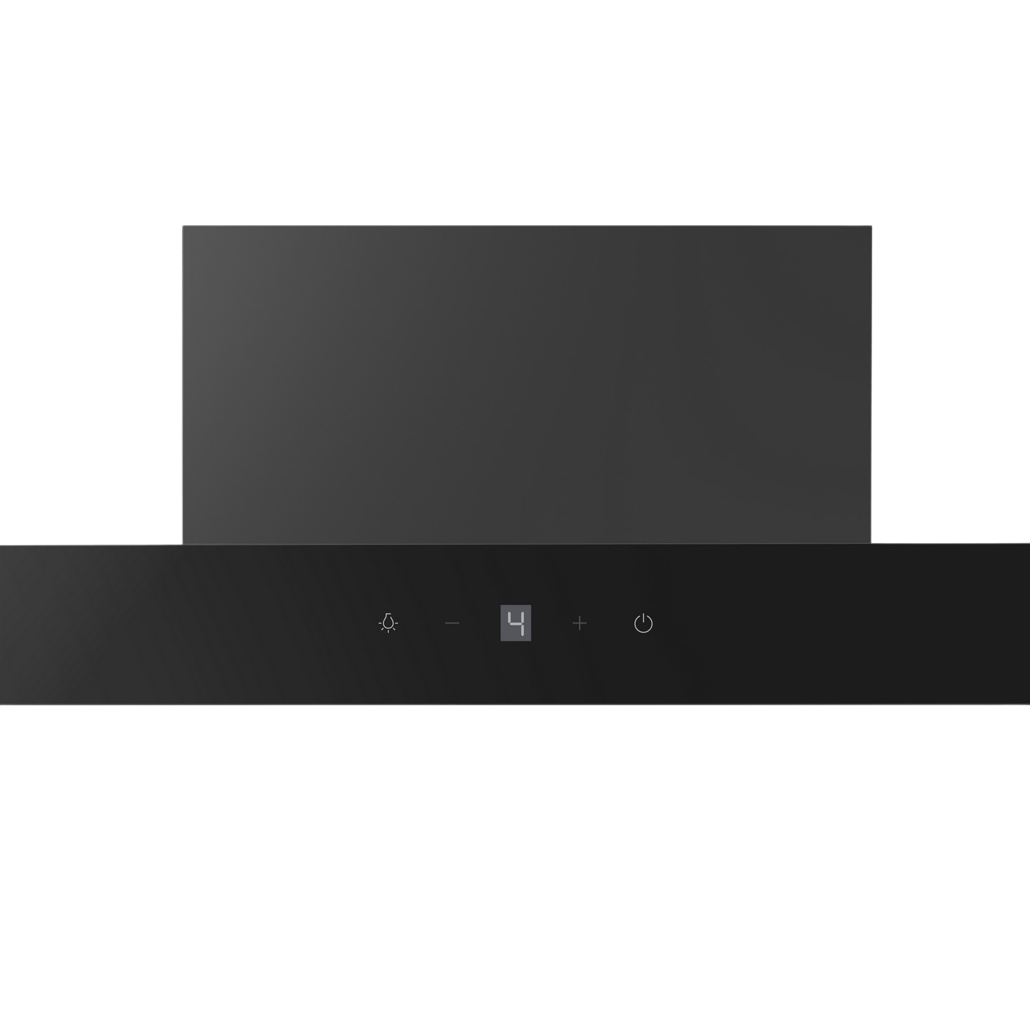 A black range hood with a digital display and control buttons.