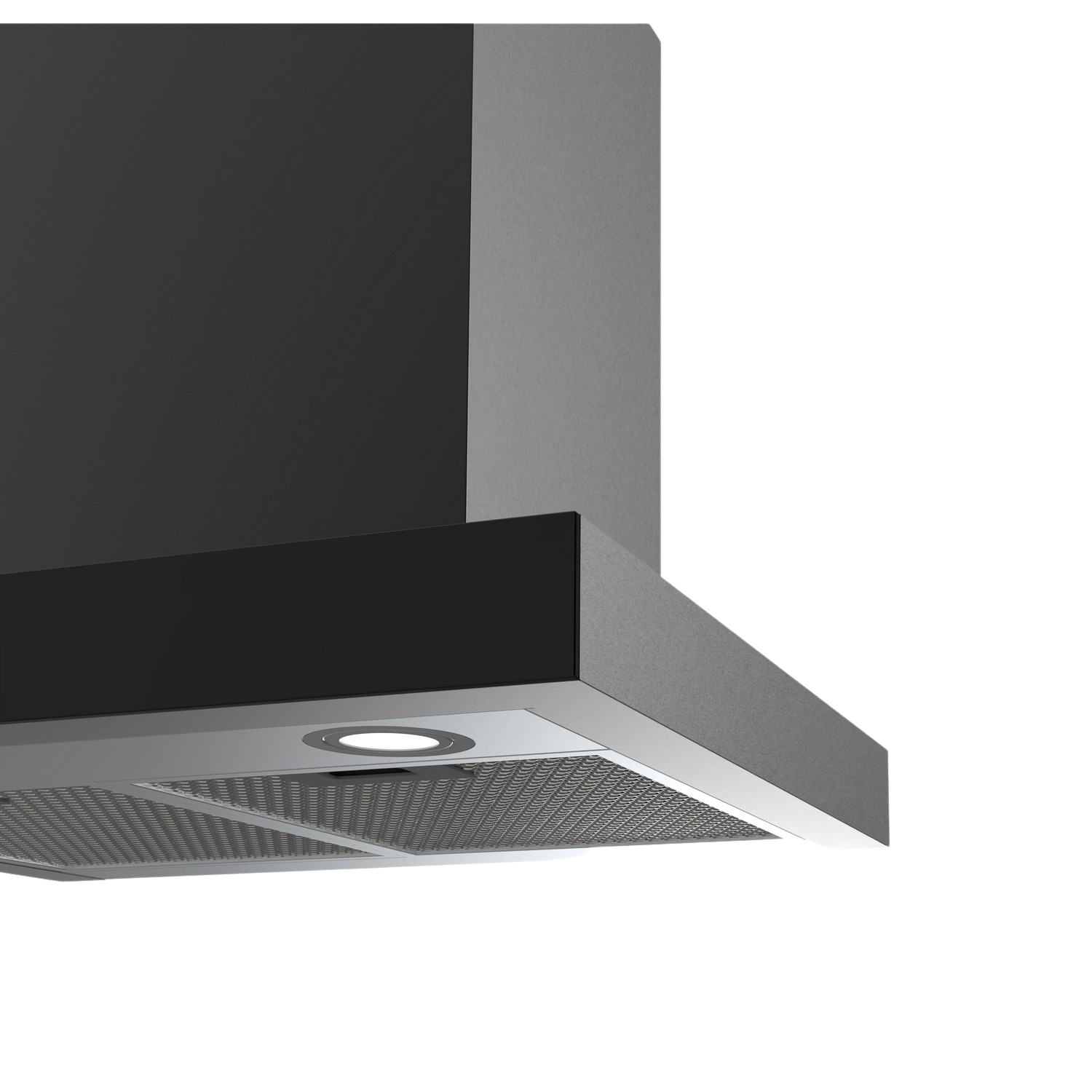 Close-up of a black and silver kitchen hood, with a light and mesh filter visible.