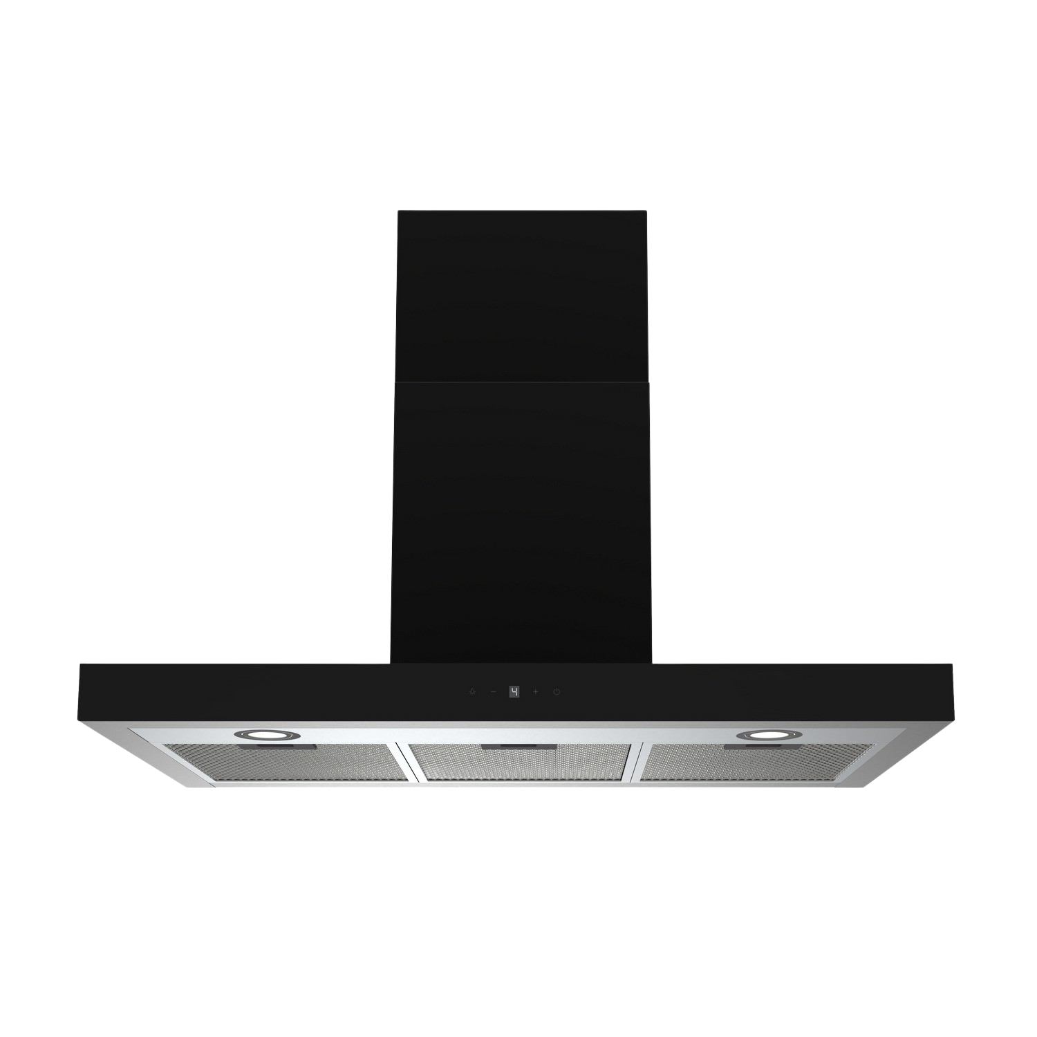 Black range hood against a black background, lights on.