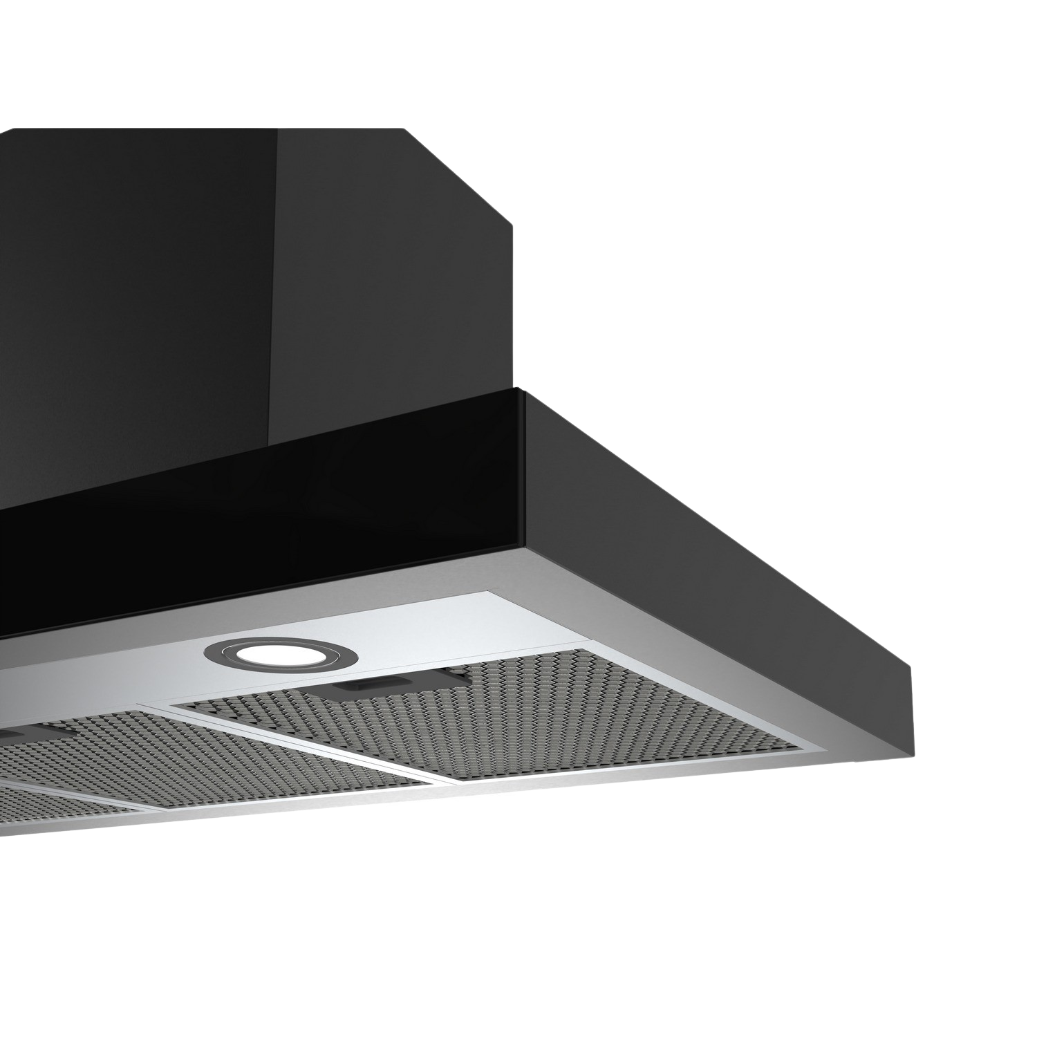 A close-up of a black and stainless steel range hood, showing the bottom.