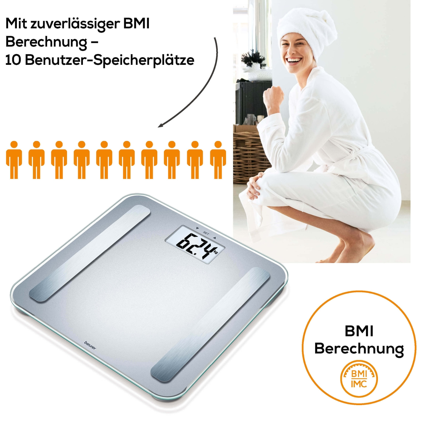 Une balance avec le poids 62.4 est affichée. Une femme est accroupie derrière. Texte en haut.