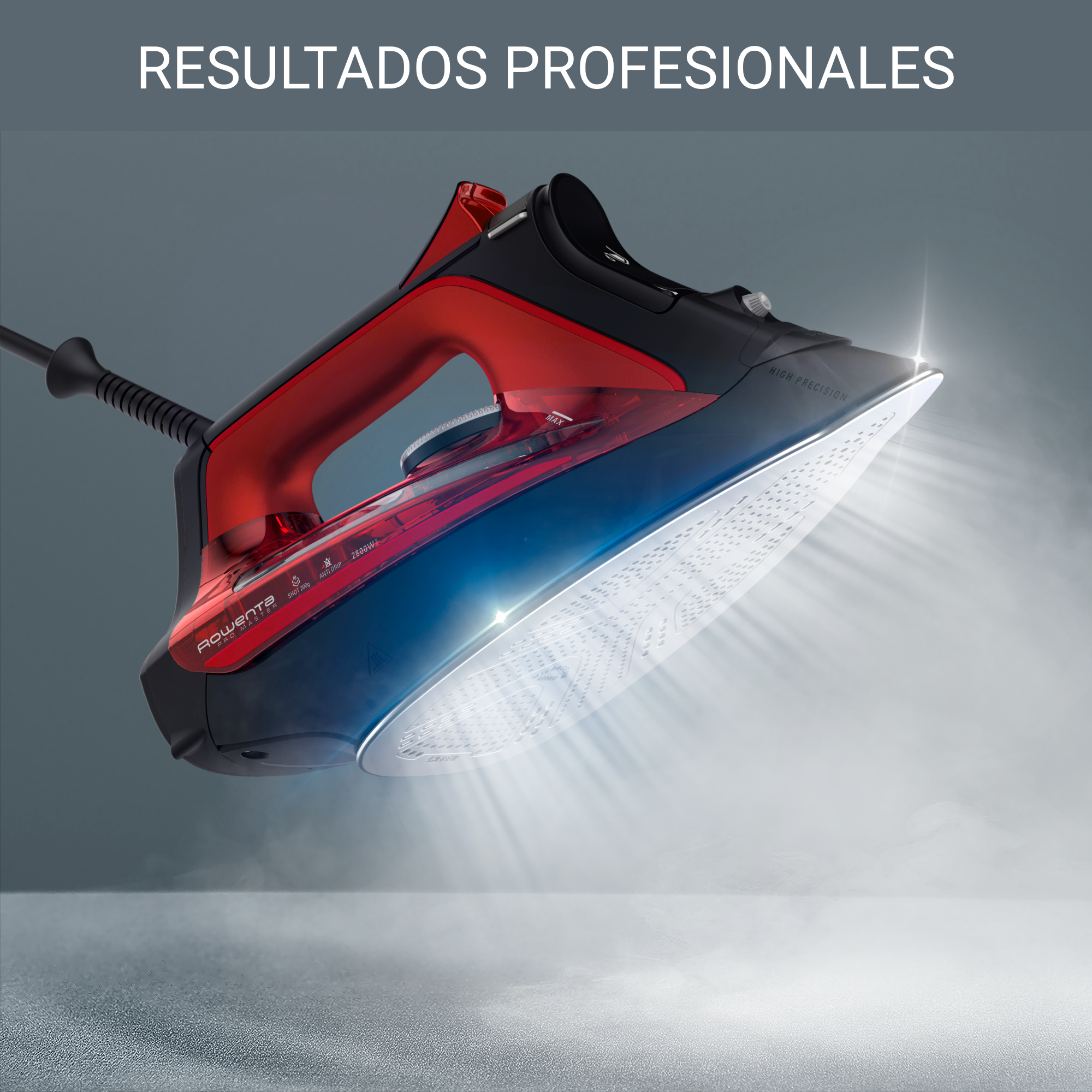 Plancha roja y negra vaporizando con fondo oscuro y texto arriba: 'RESULTADOS PROFESIONALES'.