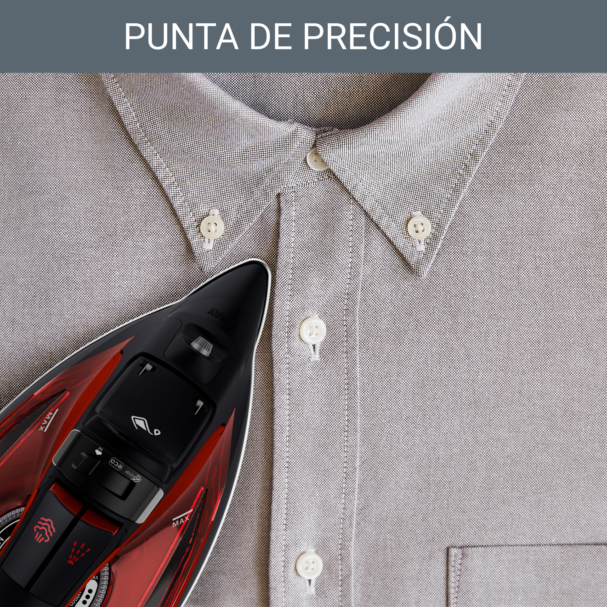 Primer plano de plancha sobre camisa. Plancha negra y roja, camisa marrón claro.