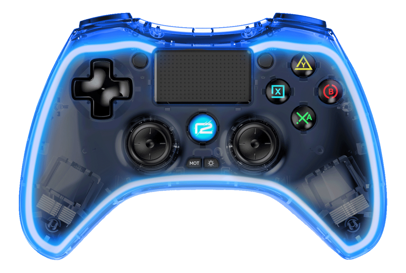 Durchscheinender blauer Gaming-Controller mit beleuchteten Kanten und Tasten.