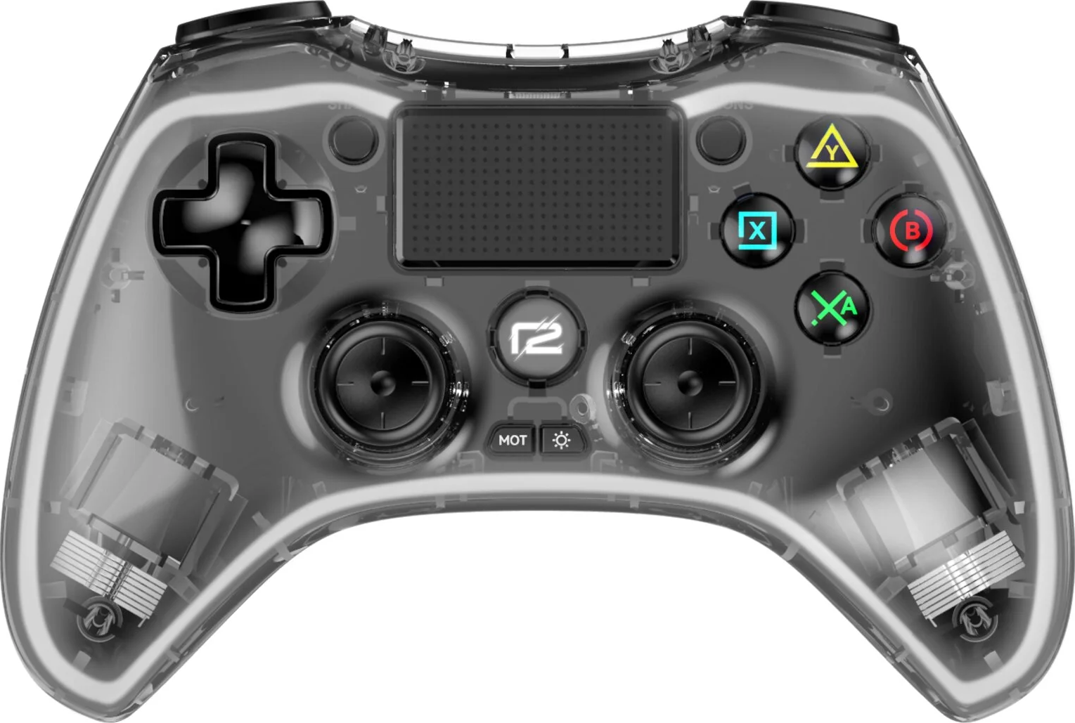 Transparenter Gaming-Controller mit farbigen Tasten und einem schwarzen Steuerkreuz.
