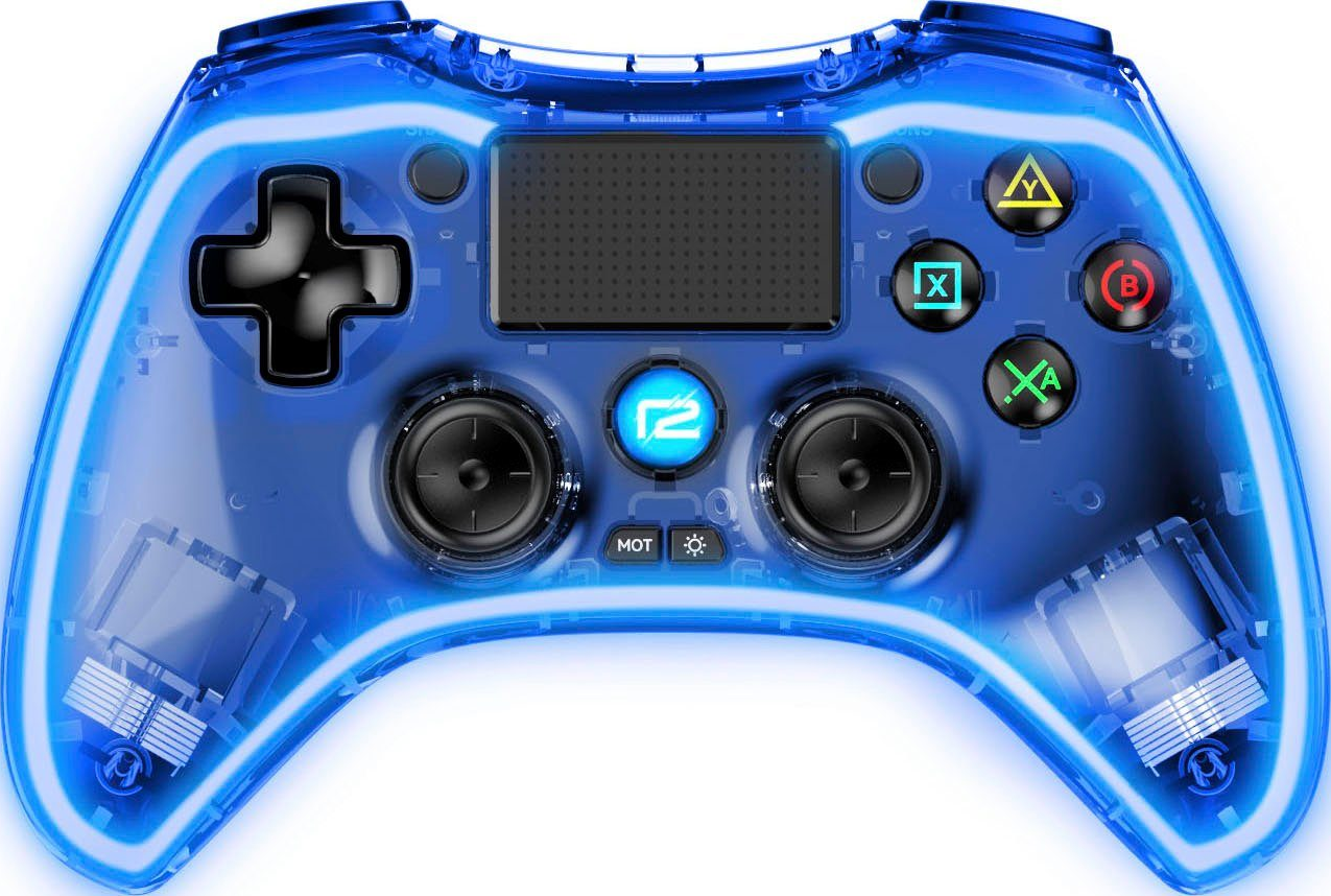 Ein transparent blauer Gaming-Controller mit farbigen Tasten und leuchtenden Rändern.