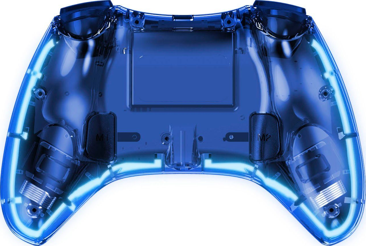Blauer, transparenter Game-Controller. Innere Komponenten und Neonlichter sind sichtbar.