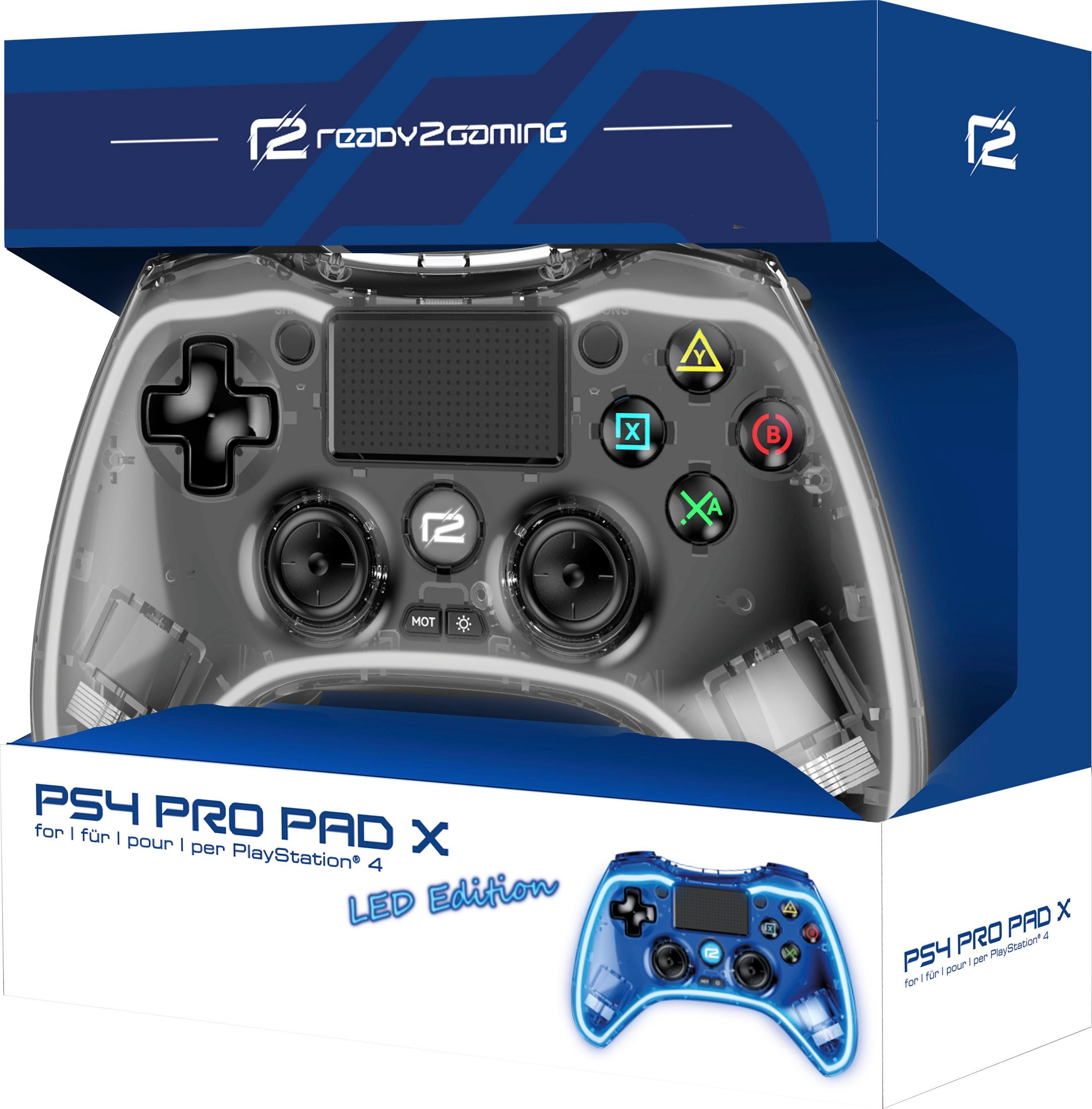 PS4 Pro Pad X Gamecontroller in einem transparenten Gehäuse, mit LED-Leuchten. Die Controller-Tasten sind sichtbar.