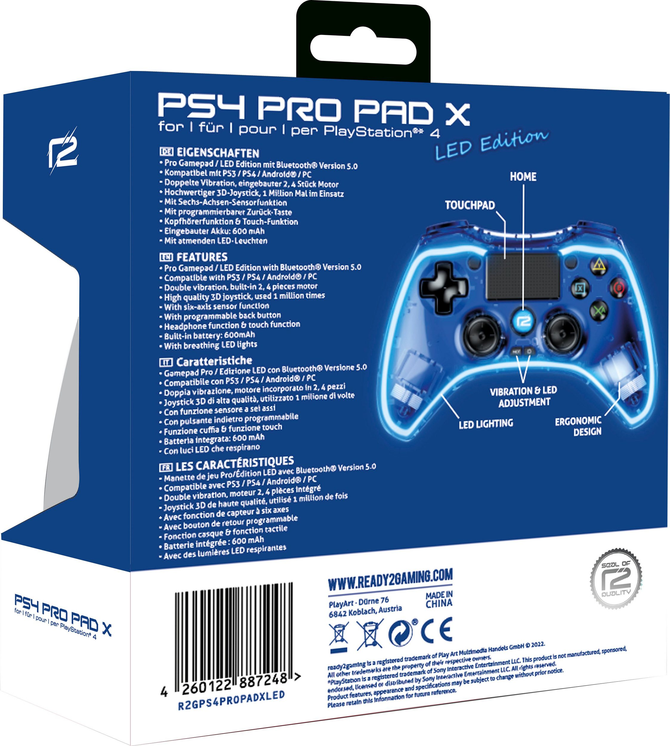Blaue Gamecontroller-Box, detailliert mit Funktionen und Spezifikationen, LED-Leuchten und Design.