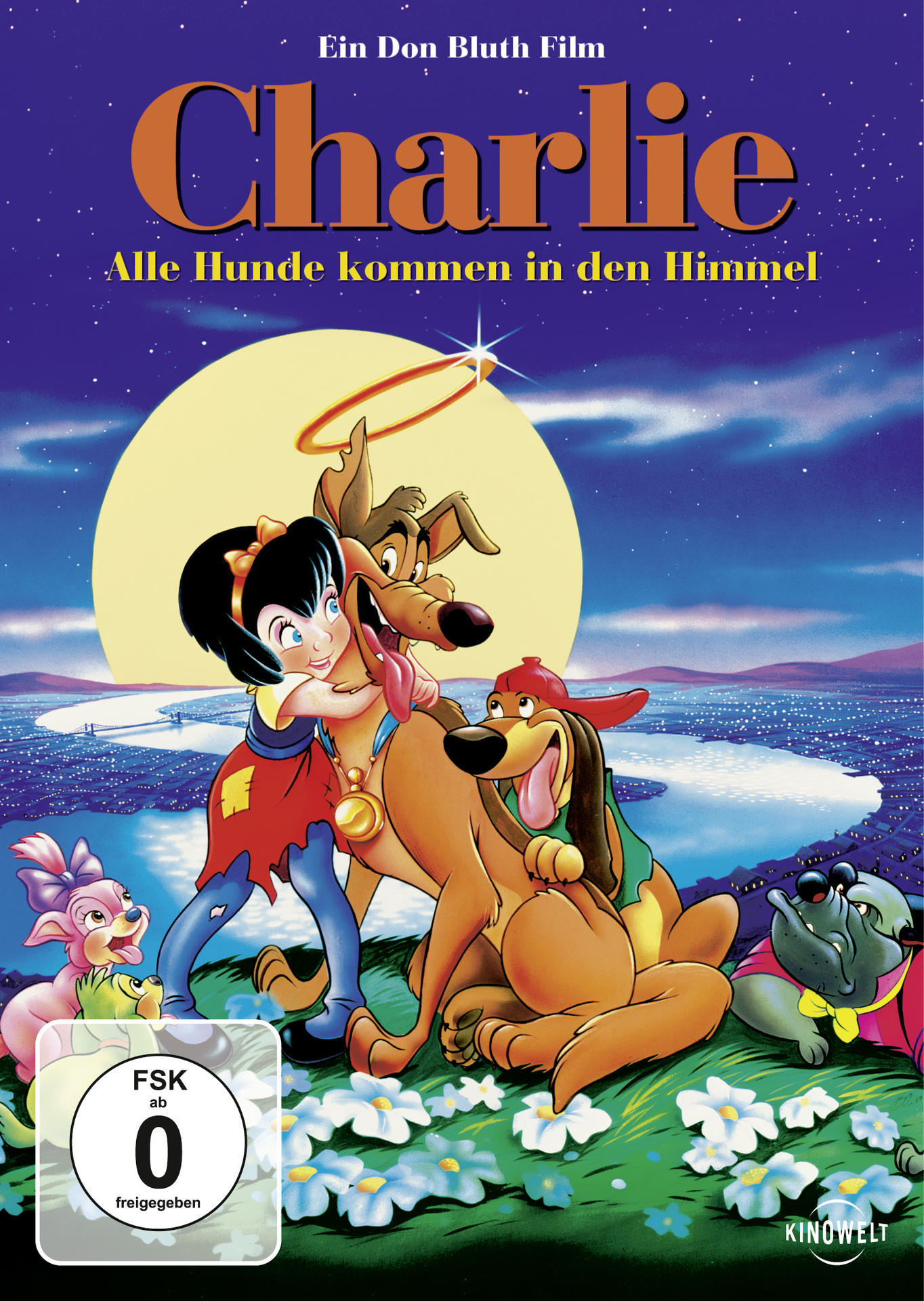 Zeichentrickfilmplakat: Mädchen mit Hund, andere Hunde, unter einem Mond.