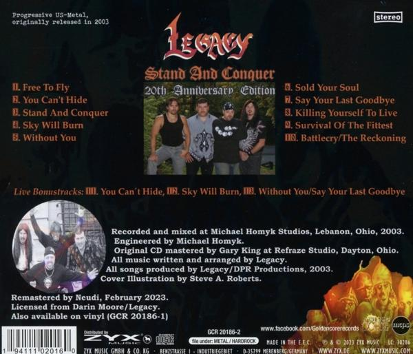 CD-Cover: Legacy 'Stand And Conquer' mit Bandfoto und Titelliste.