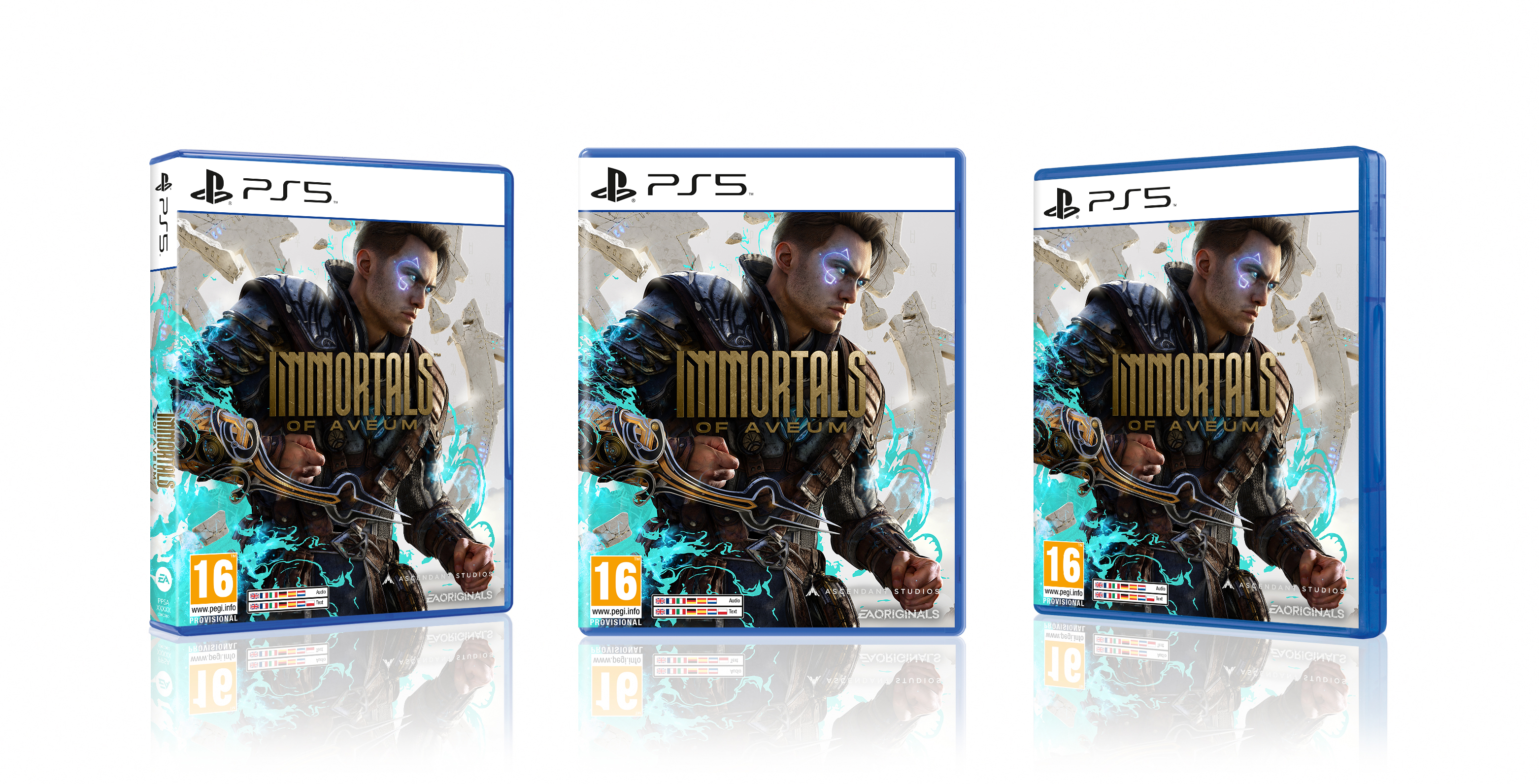 Drei PS5-Spielboxen von 'Immortals of Aveum', die das Spielcover-Artwork und Logos zeigen.