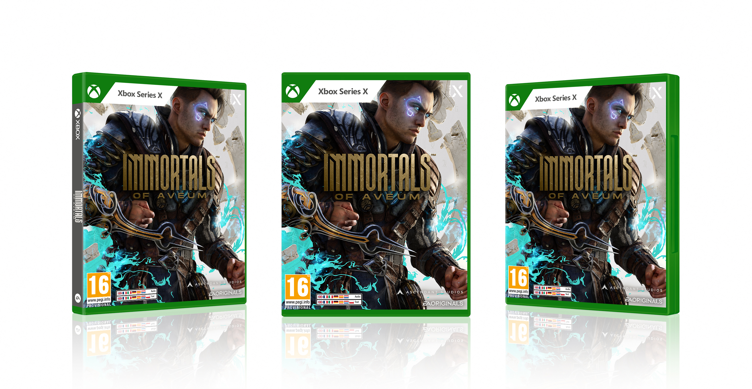 Drei Spielboxen von 'Immortals of Aveum' mit einer Figur auf dem Cover, grünen Akzenten und Bewertunglogos.