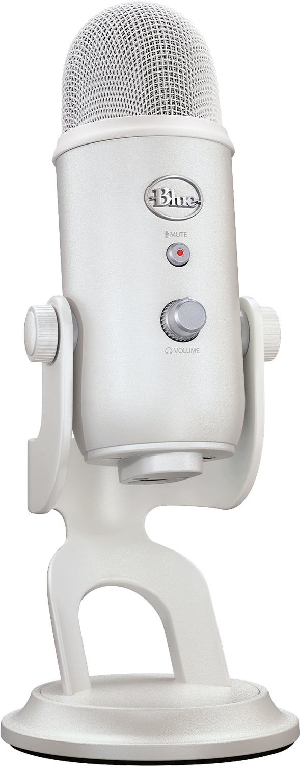 Witte Blue Yeti USB-microfoon op een standaard.