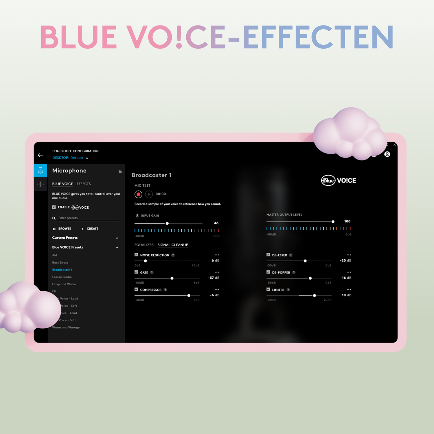 Een Blue Voice-effecteninterface met diverse audio-instellingen.